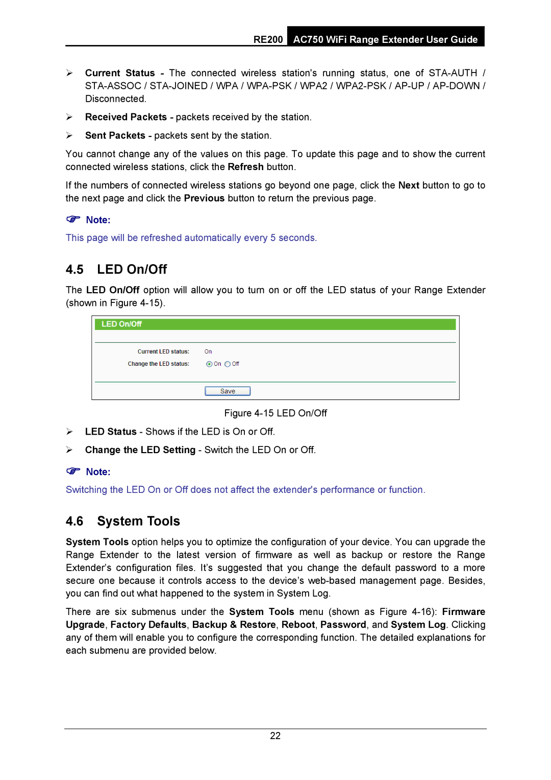 TP-Link AC750 manual LED On/Off, System Tools 