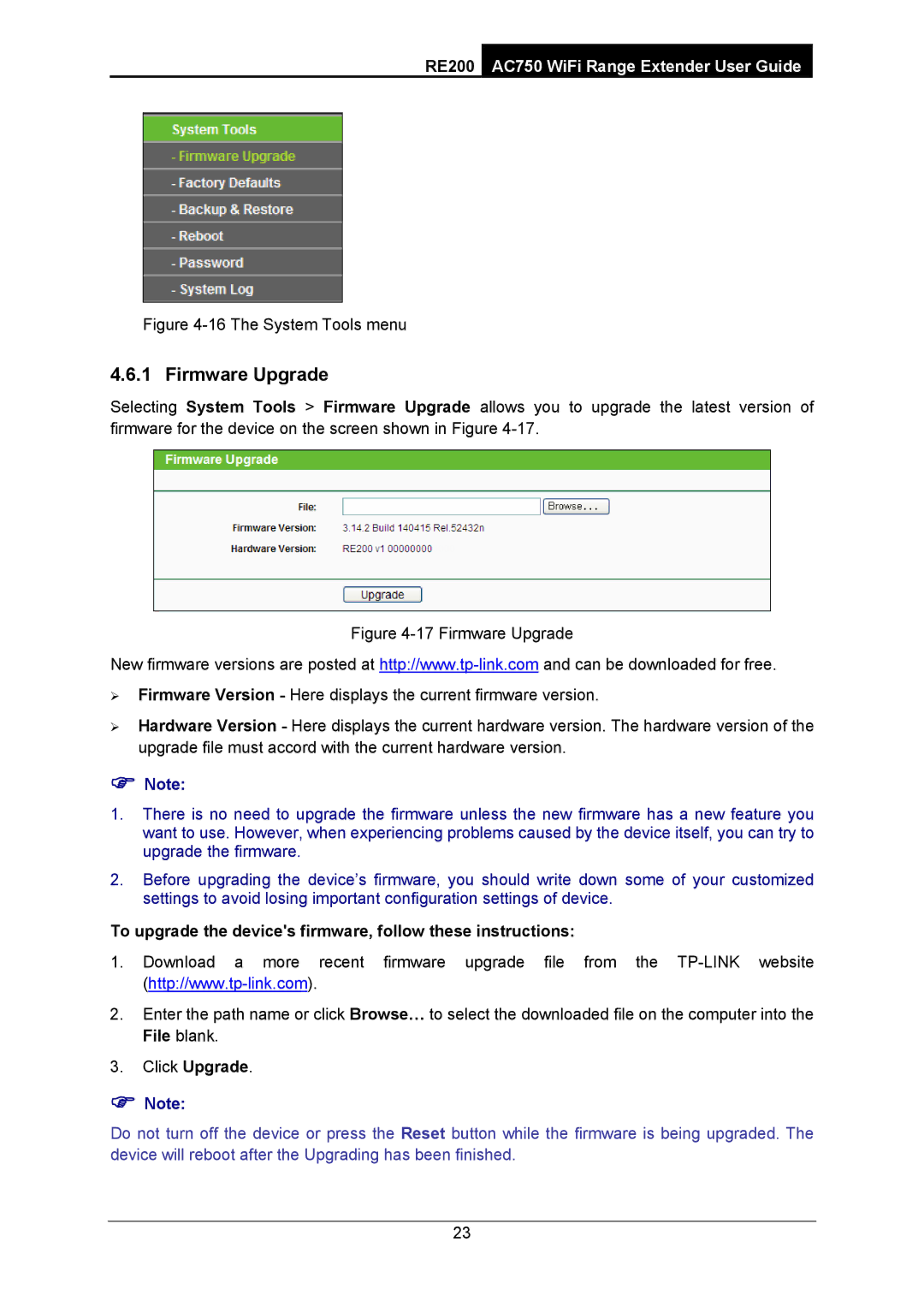 TP-Link AC750 manual Firmware Upgrade, To upgrade the devices firmware, follow these instructions 