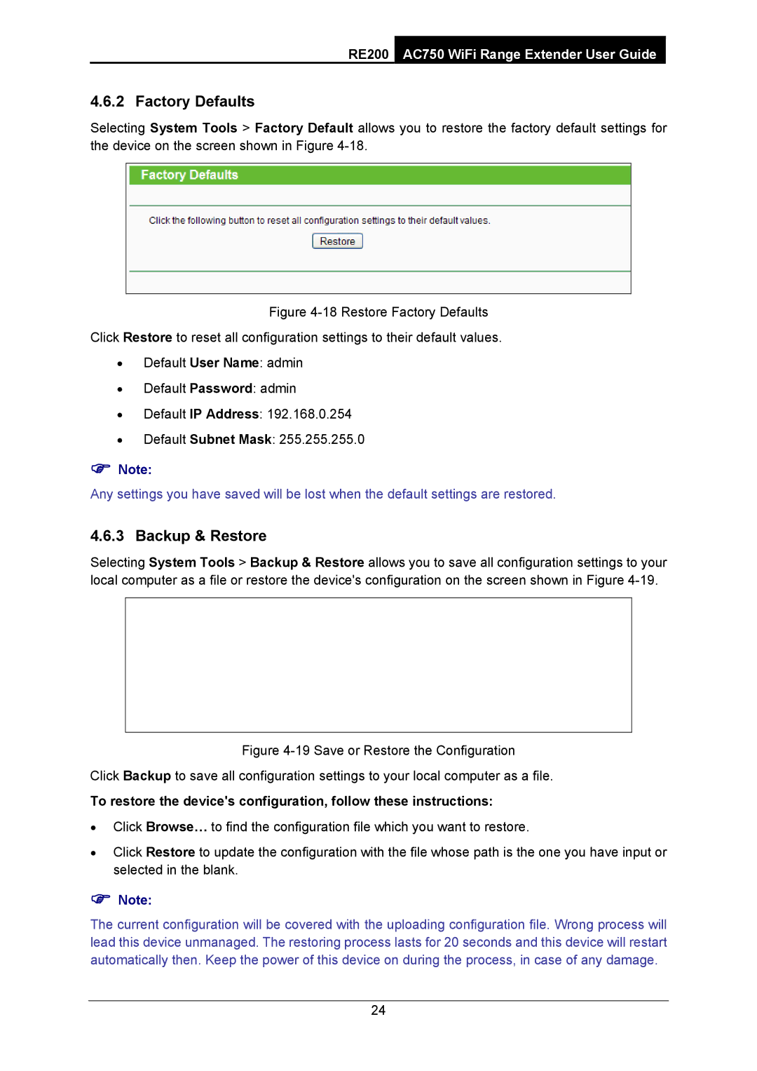 TP-Link AC750 manual Factory Defaults, Backup & Restore 