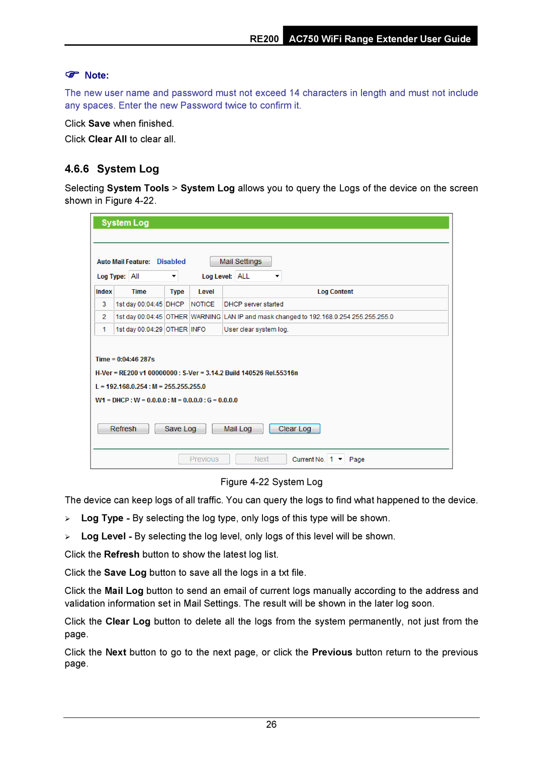 TP-Link AC750 manual System Log 