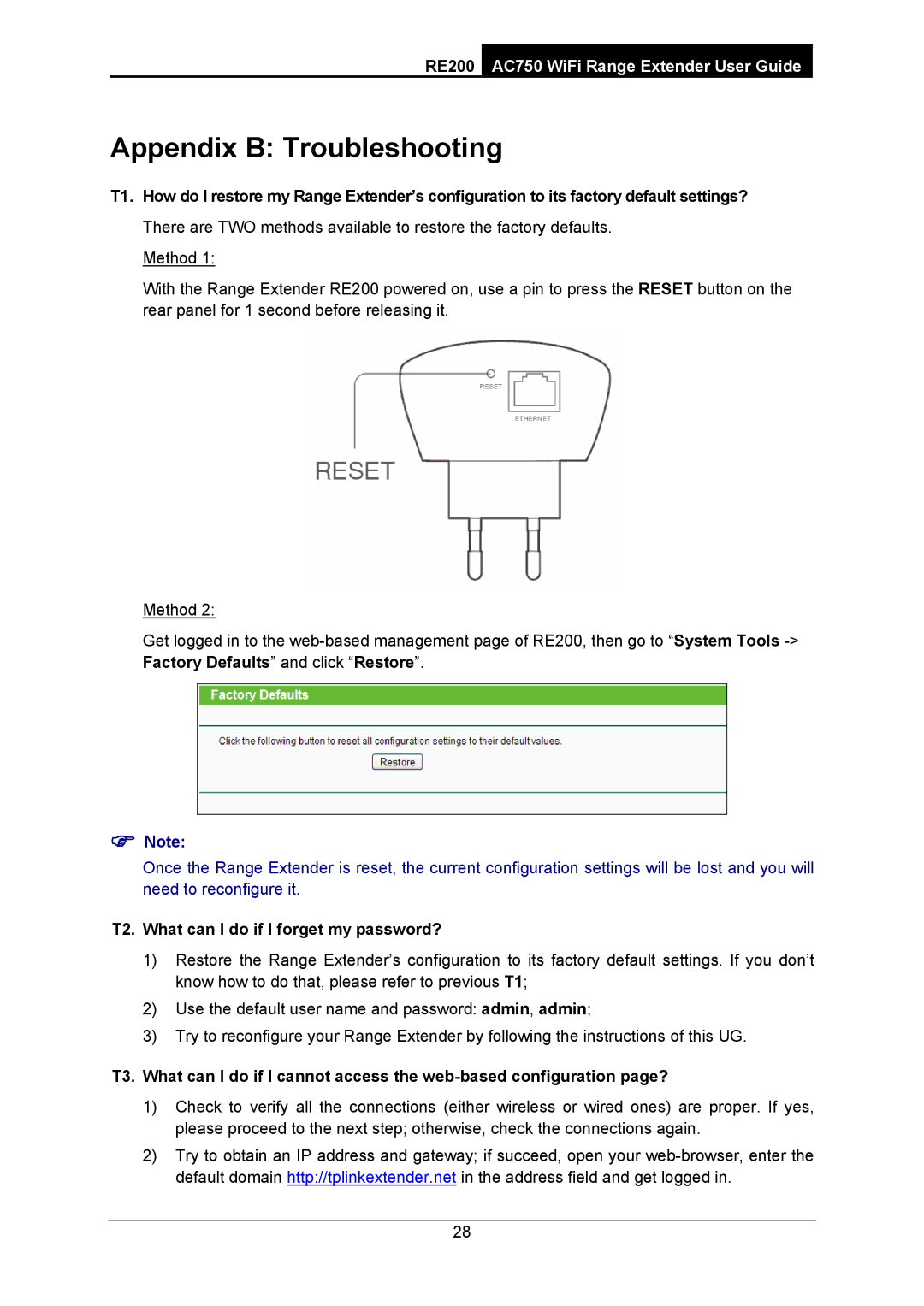 TP-Link AC750 manual Appendix B Troubleshooting, T2. What can I do if I forget my password? 