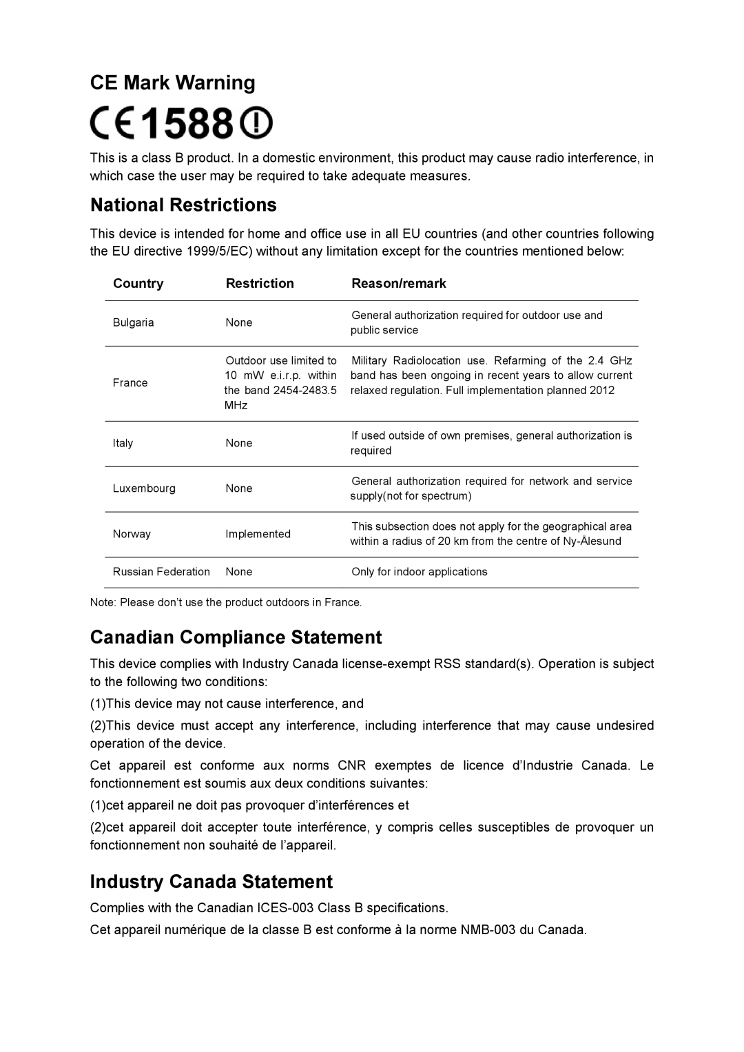 TP-Link AC750 manual CE Mark Warning, Country Restriction Reason/remark 