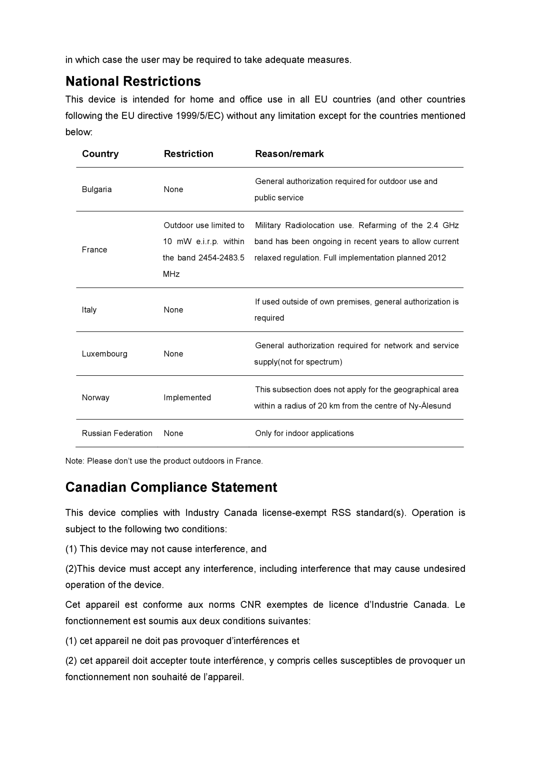 TP-Link Archer T4U manual National Restrictions, Country Restriction Reason/remark 