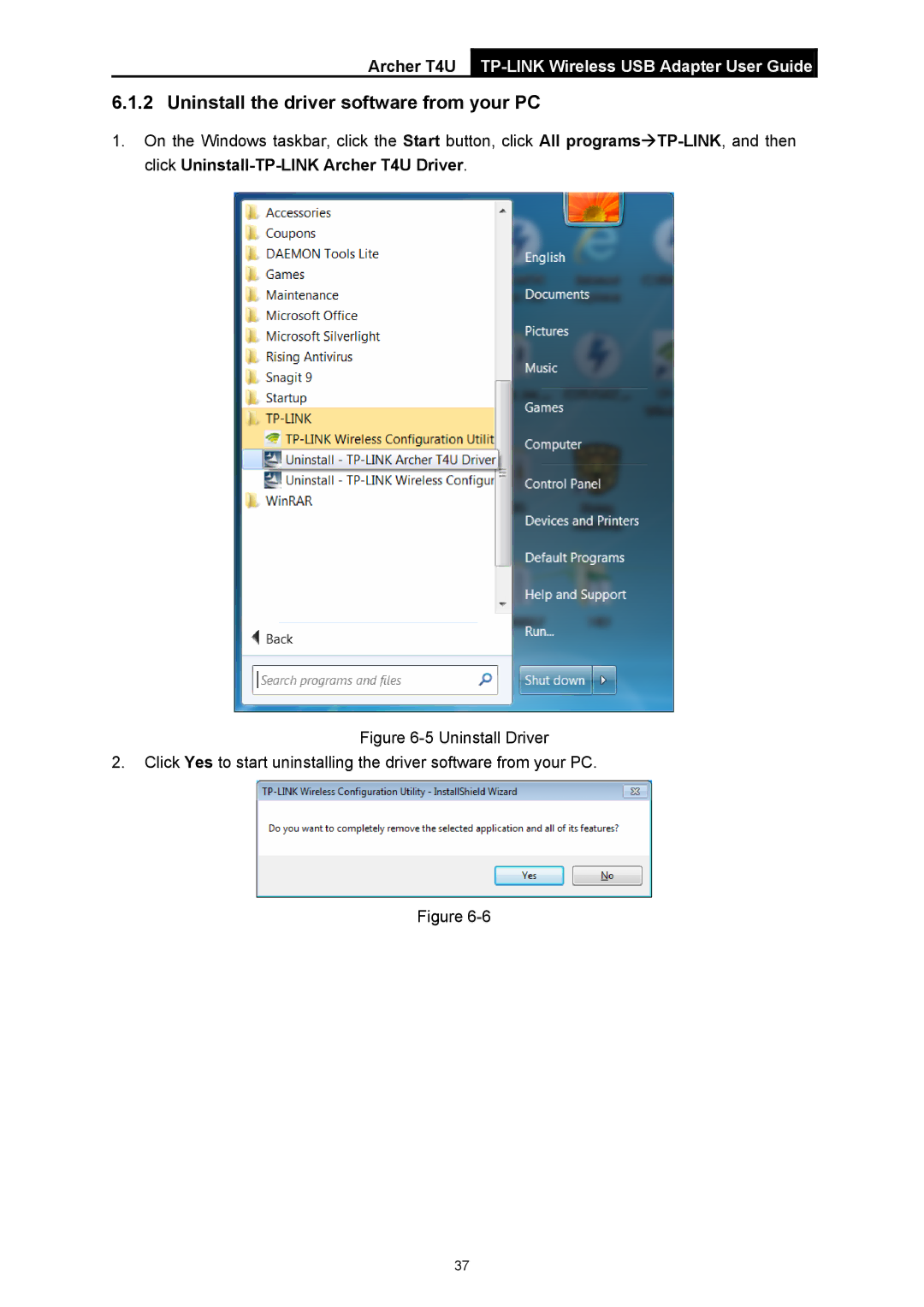 TP-Link Archer T4U manual Uninstall the driver software from your PC 