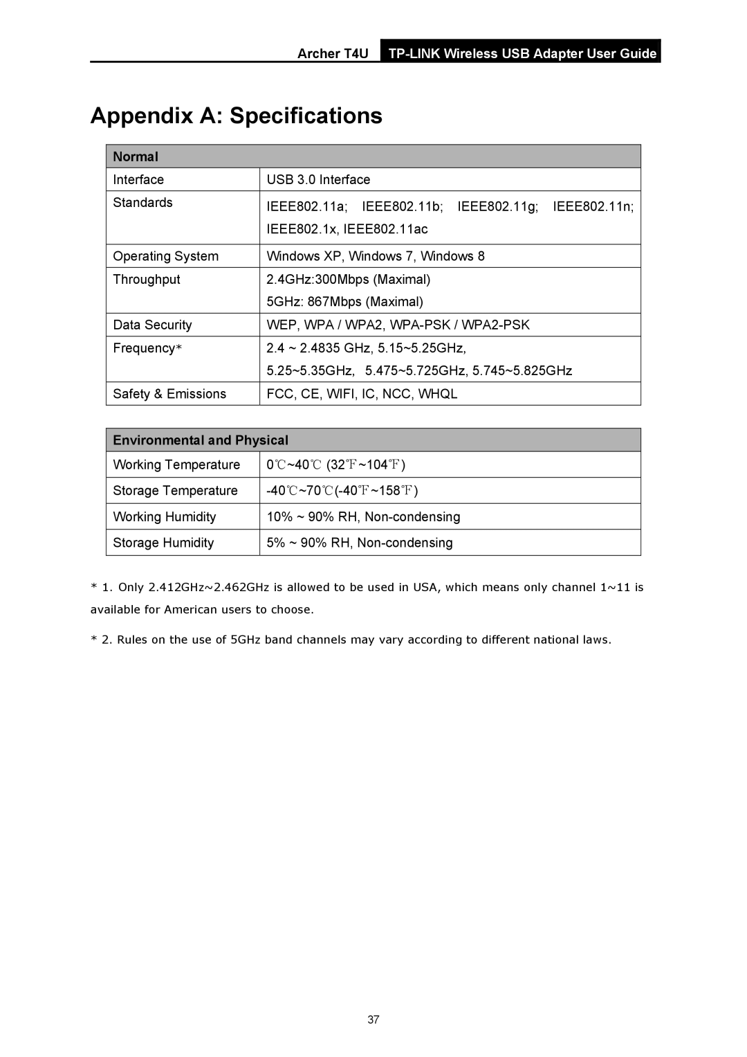 TP-Link Archer T4U manual Appendix a Specifications, Normal, Environmental and Physical 