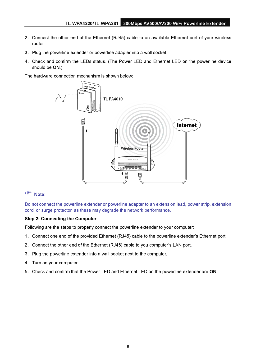 TP-Link AV200, AV500 manual Connecting the Computer 