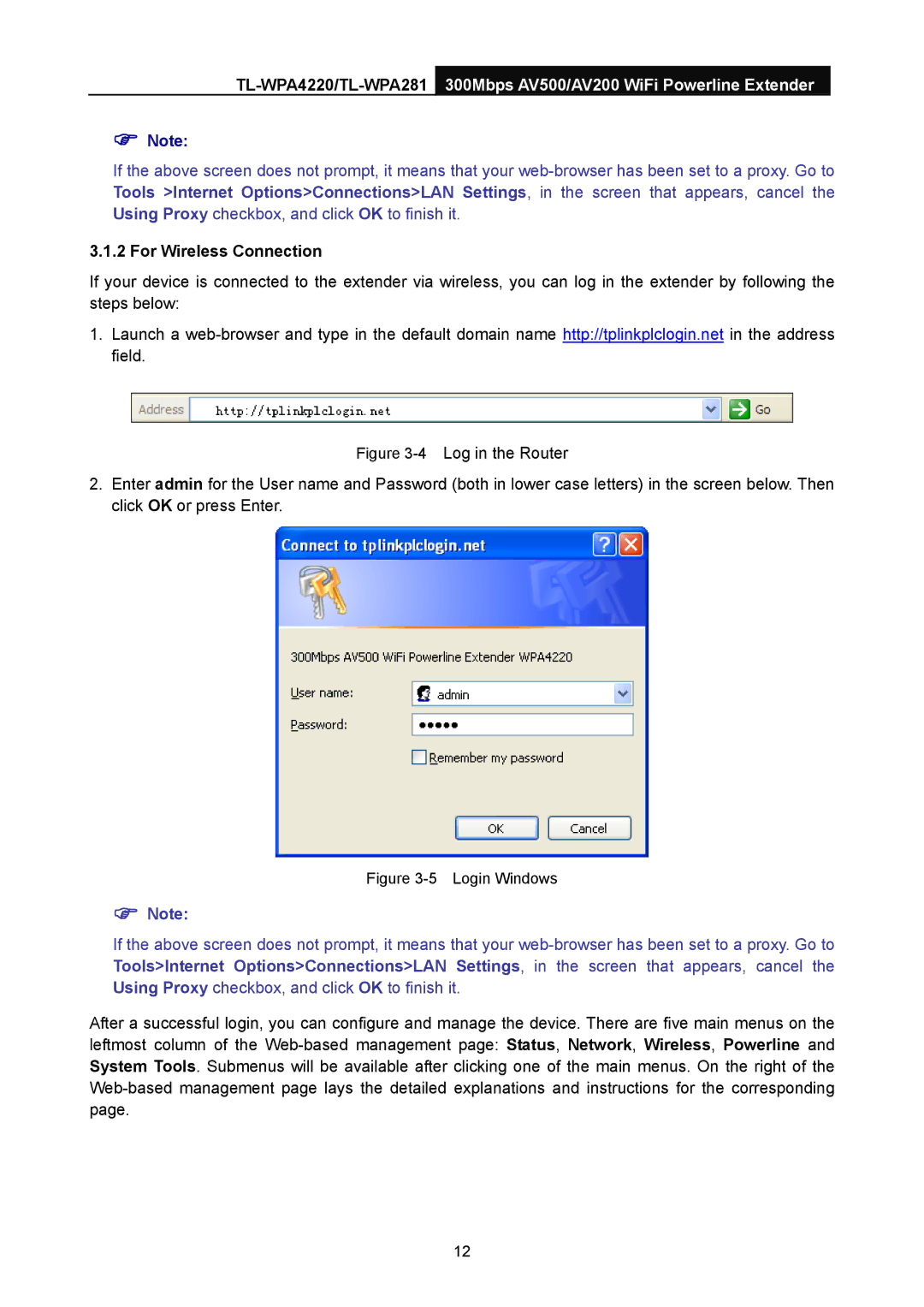 TP-Link AV200, AV500 manual For Wireless Connection, Login Windows 