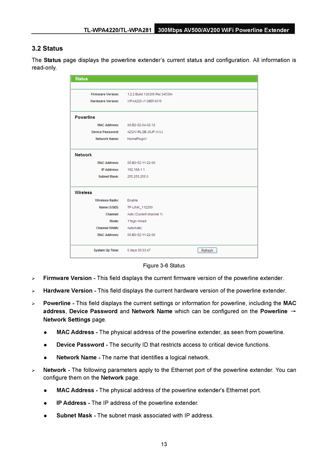 TP-Link AV500, AV200 manual Status 