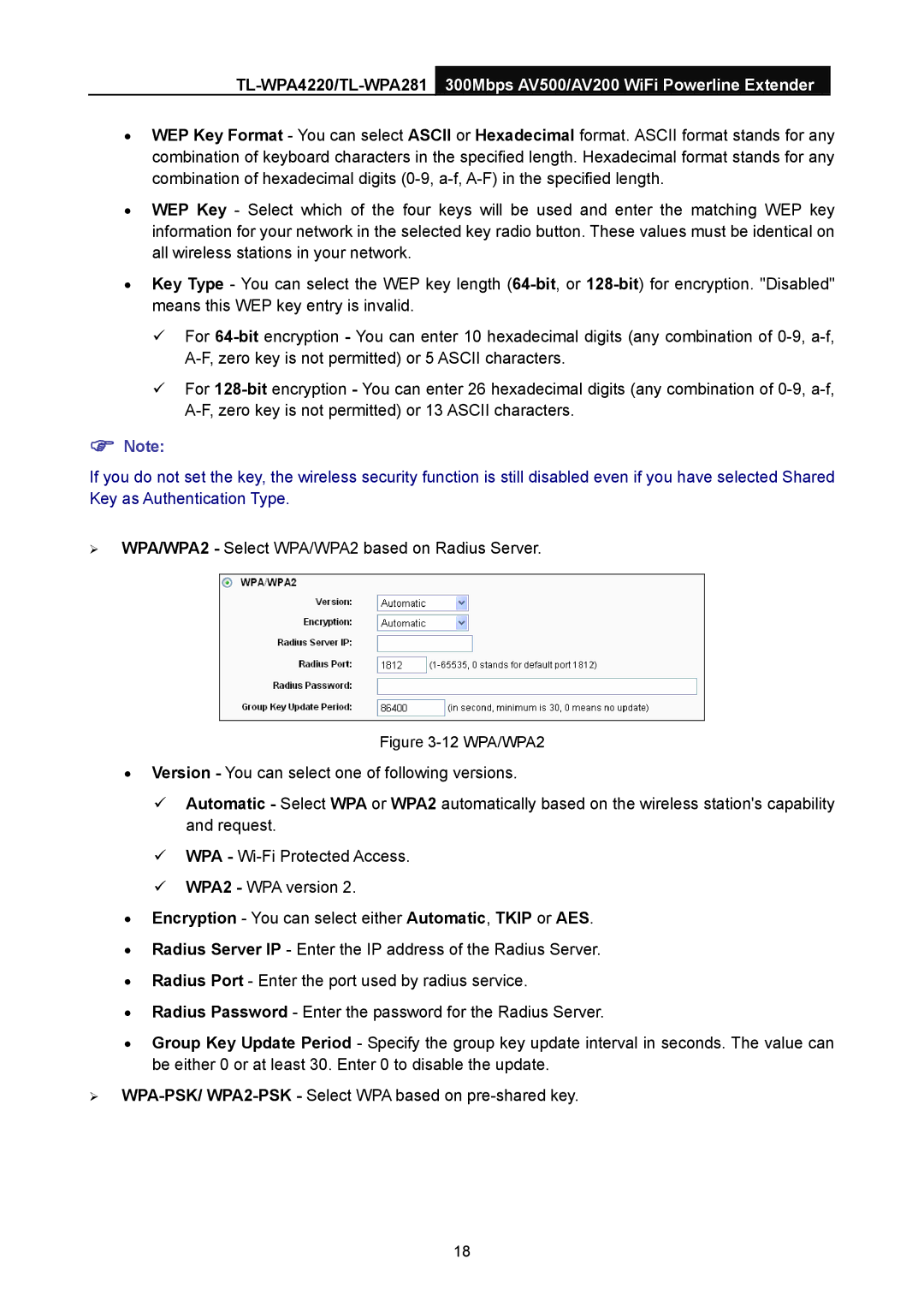 TP-Link AV200, AV500 manual ¾ WPA/WPA2 Select WPA/WPA2 based on Radius Server 