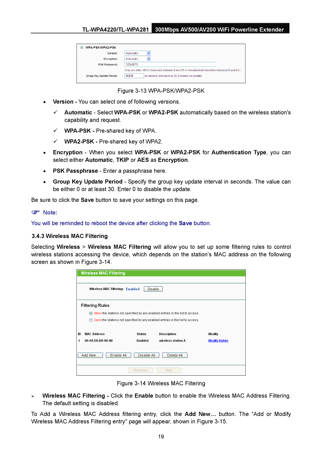 TP-Link AV500, AV200 manual Wireless MAC Filtering 