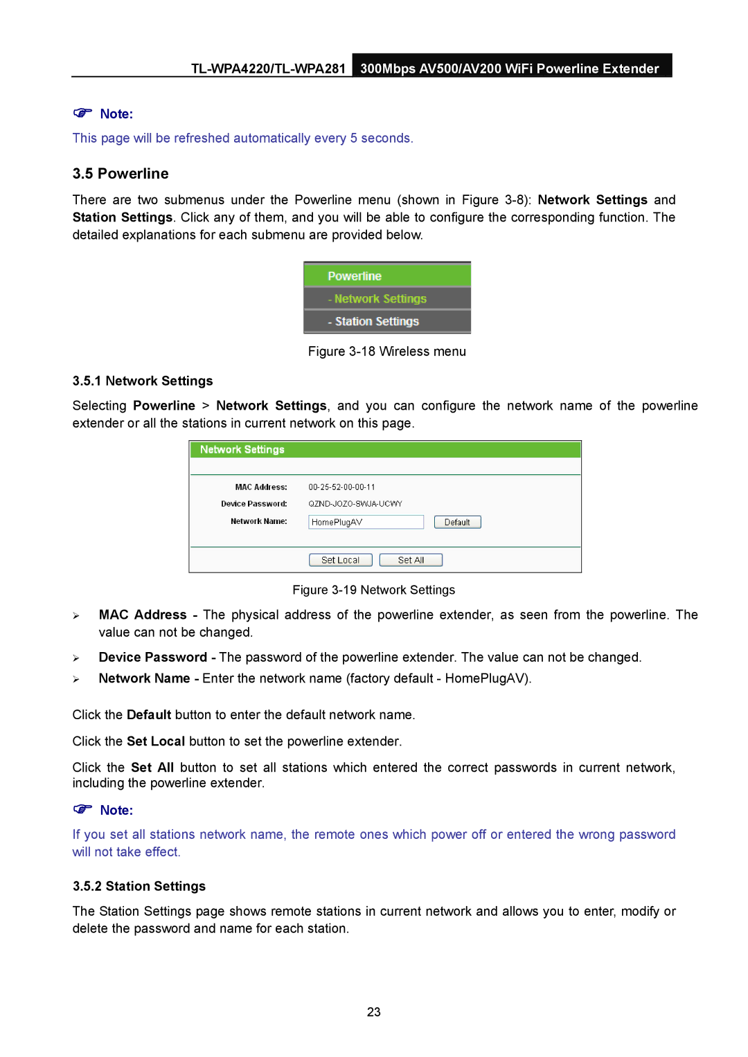 TP-Link AV500, AV200 manual Powerline, Network Settings, Station Settings 