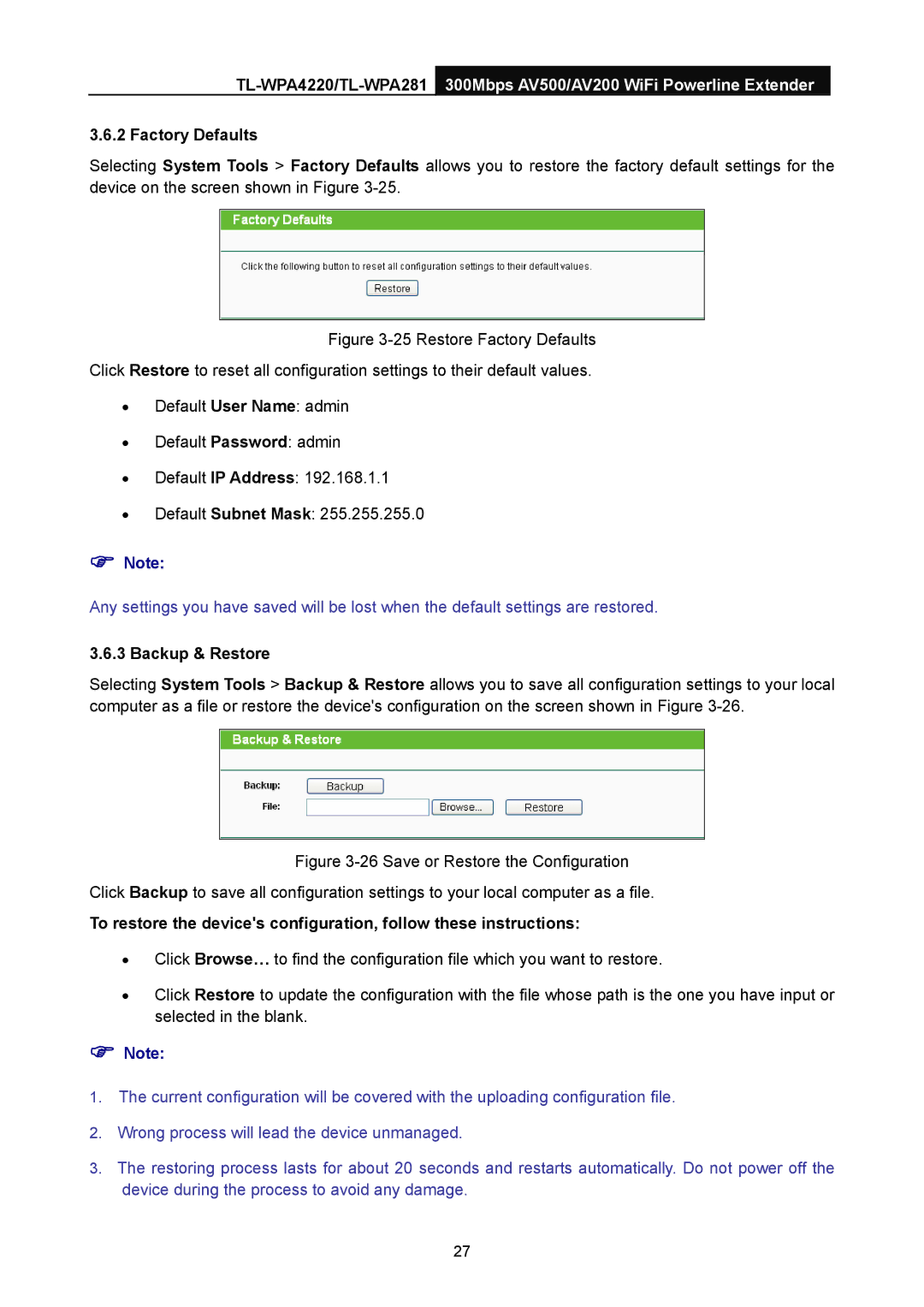 TP-Link AV500, AV200 manual Factory Defaults, Backup & Restore 