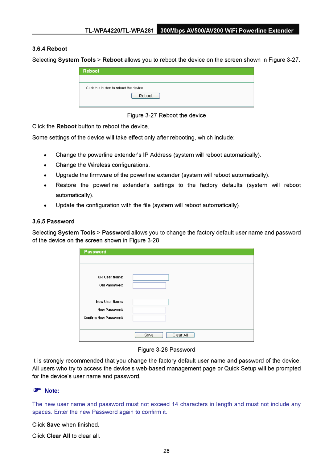 TP-Link AV200, AV500 manual Reboot, Password 