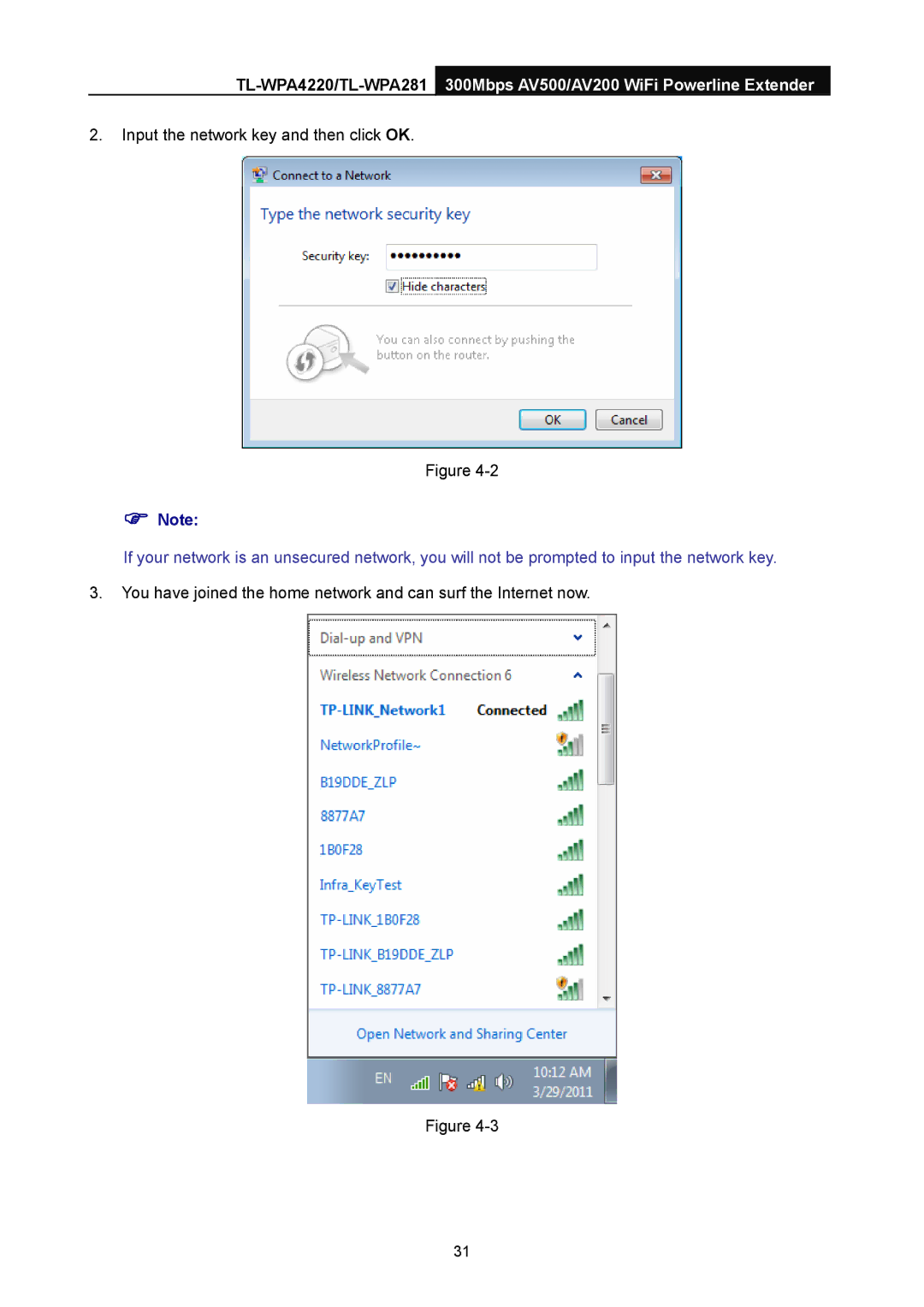 TP-Link AV500, AV200 manual Input the network key and then click OK 