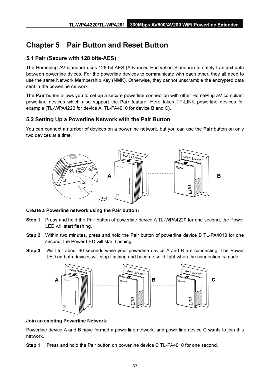 TP-Link AV500, AV200 manual Pair Button and Reset Button, Pair Secure with 128 bits-AES, Join an existing Powerline Network 