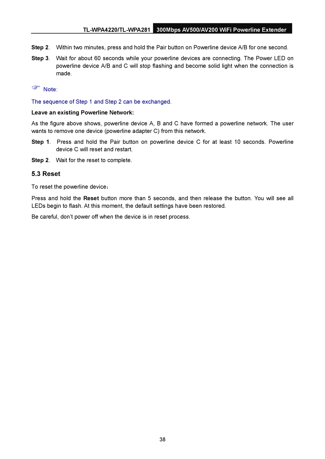 TP-Link AV200, AV500 manual Reset, Leave an existing Powerline Network 