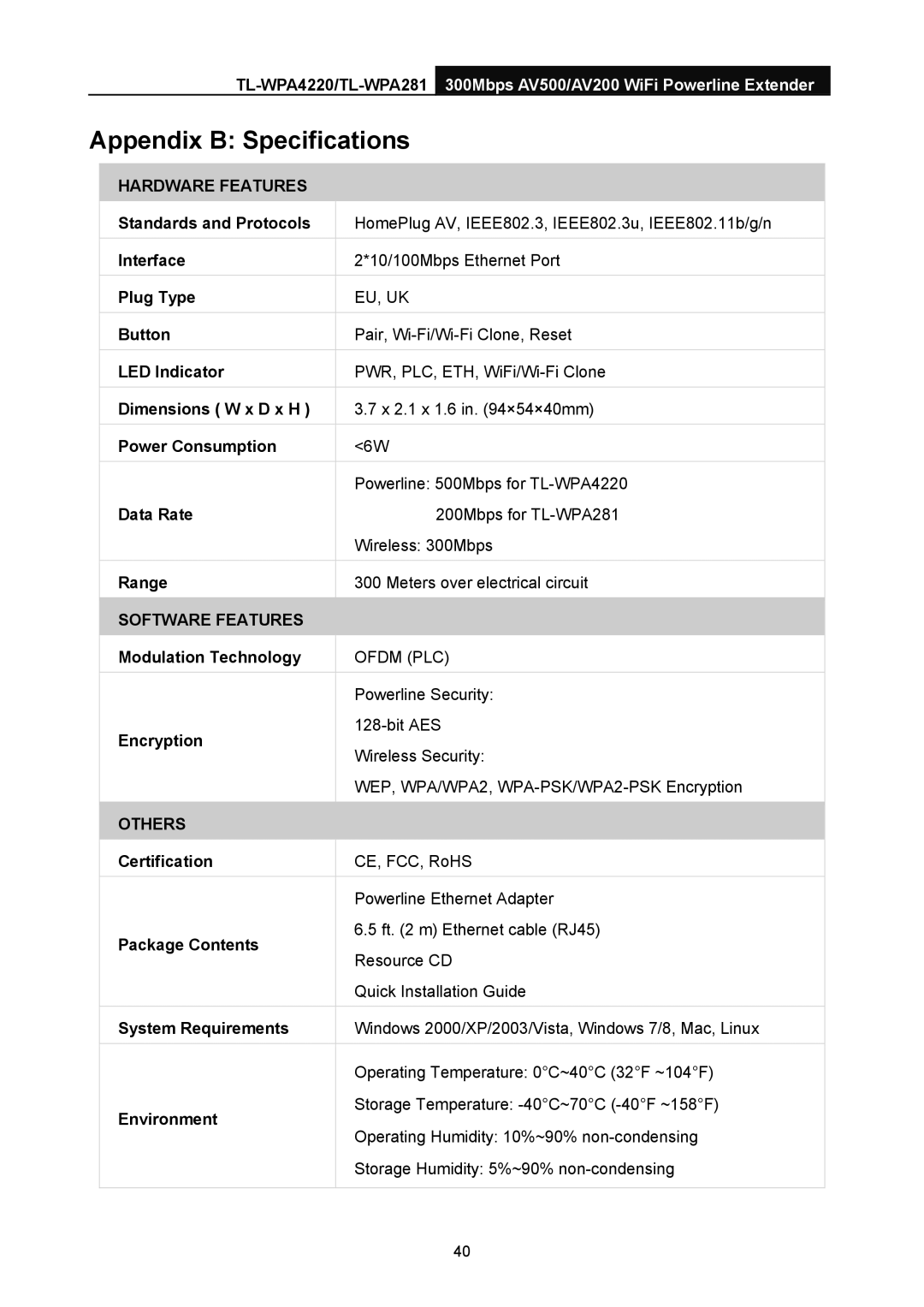 TP-Link AV200, AV500 manual Appendix B Specifications 