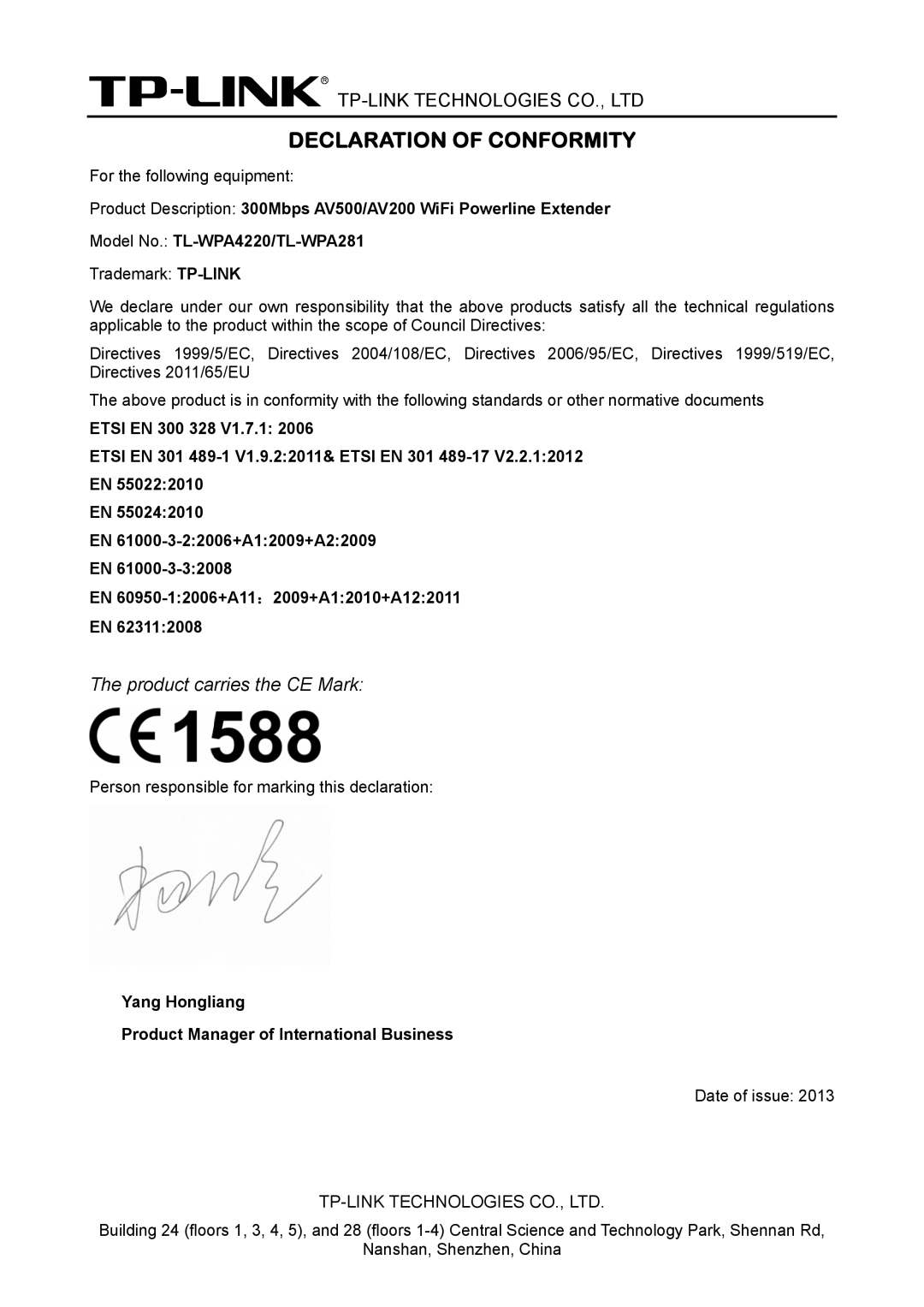 TP-Link AV500, AV200 manual Declaration of Conformity, Yang Hongliang Product Manager of International Business 