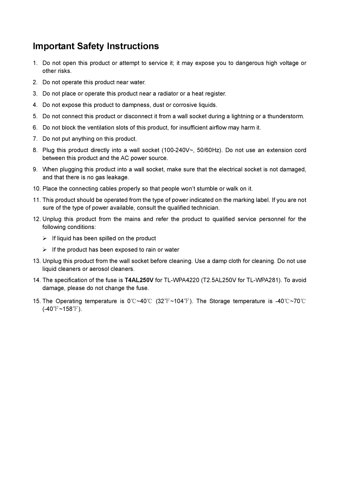 TP-Link AV200, AV500 manual Important Safety Instructions 