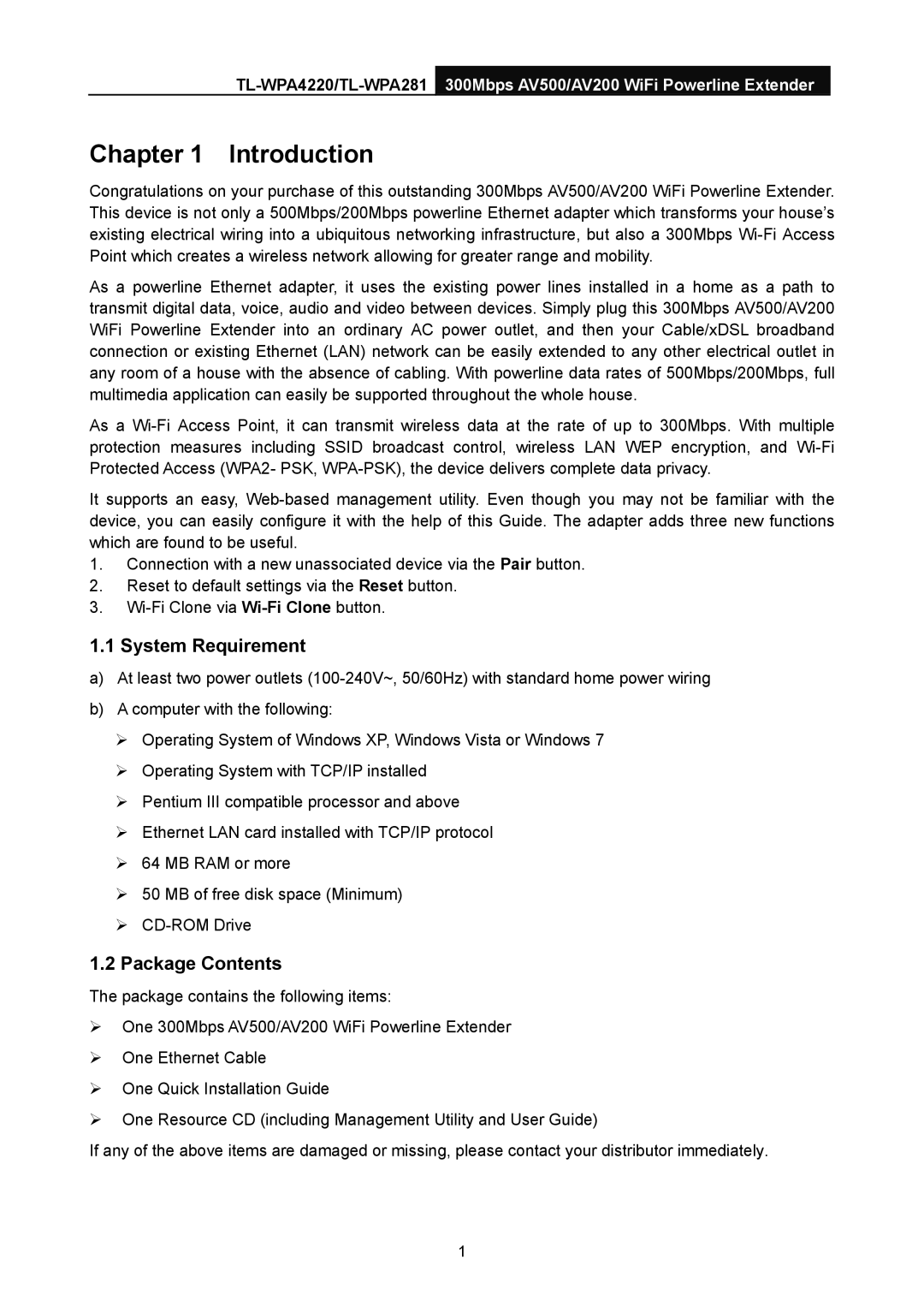 TP-Link AV500, AV200 manual Introduction, System Requirement, Package Contents 