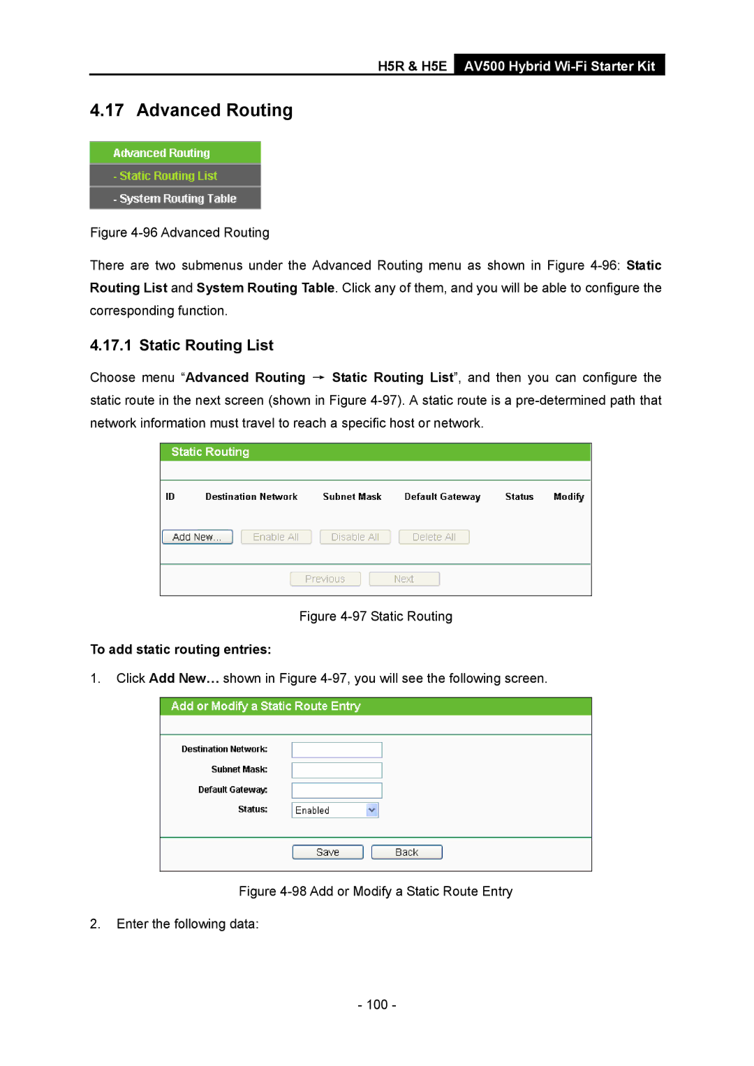 TP-Link H5R, H5S manual Advanced Routing, Static Routing List, To add static routing entries 