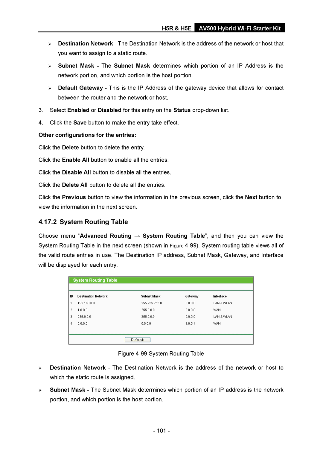 TP-Link H5S, H5R manual System Routing Table, Other configurations for the entries 