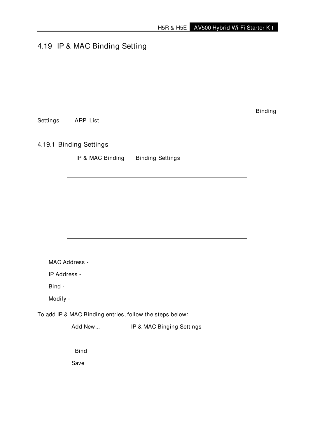 TP-Link H5R, H5S 19 IP & MAC Binding Setting, Binding Settings, To add IP & MAC Binding entries, follow the steps below 