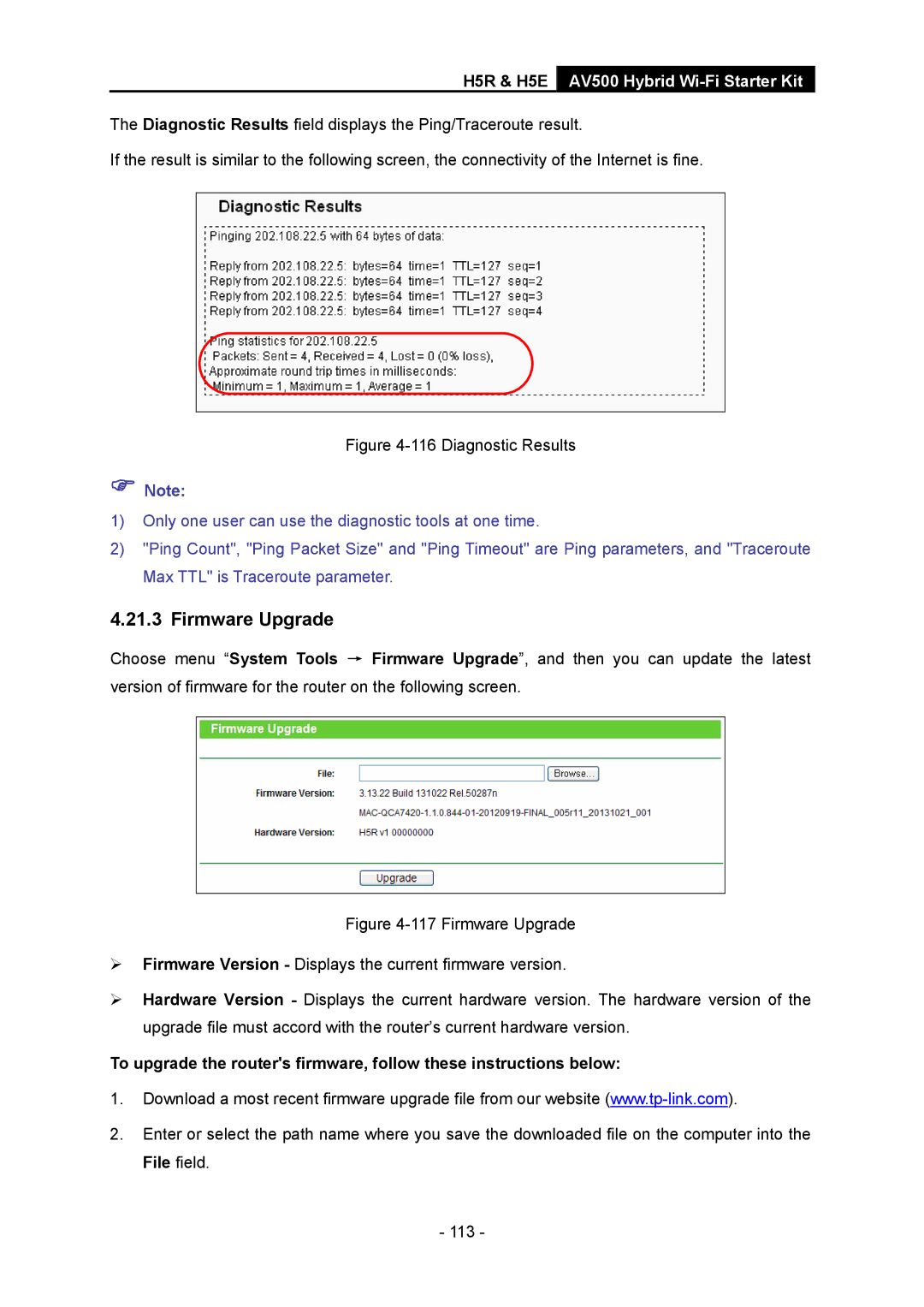 TP-Link H5S, H5R manual Firmware Upgrade, Diagnostic Results 