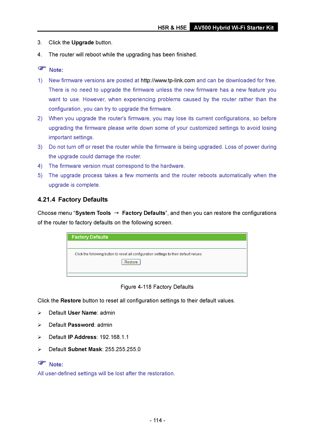 TP-Link H5R, H5S manual Factory Defaults 