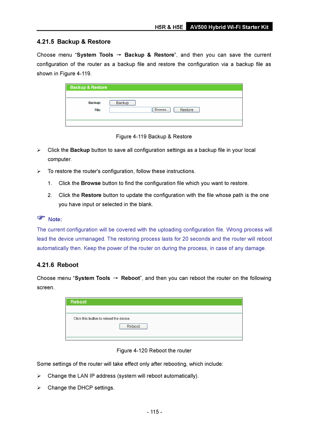 TP-Link H5S, H5R manual Backup & Restore, Reboot 