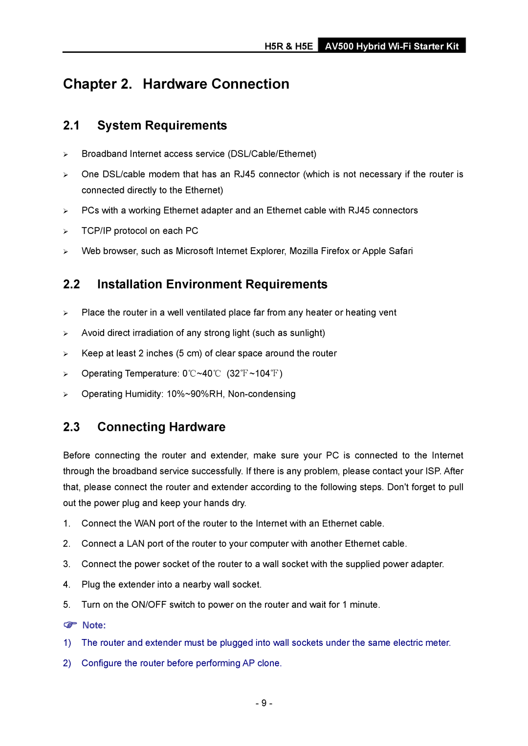 TP-Link H5S, H5R manual System Requirements, Installation Environment Requirements, Connecting Hardware 