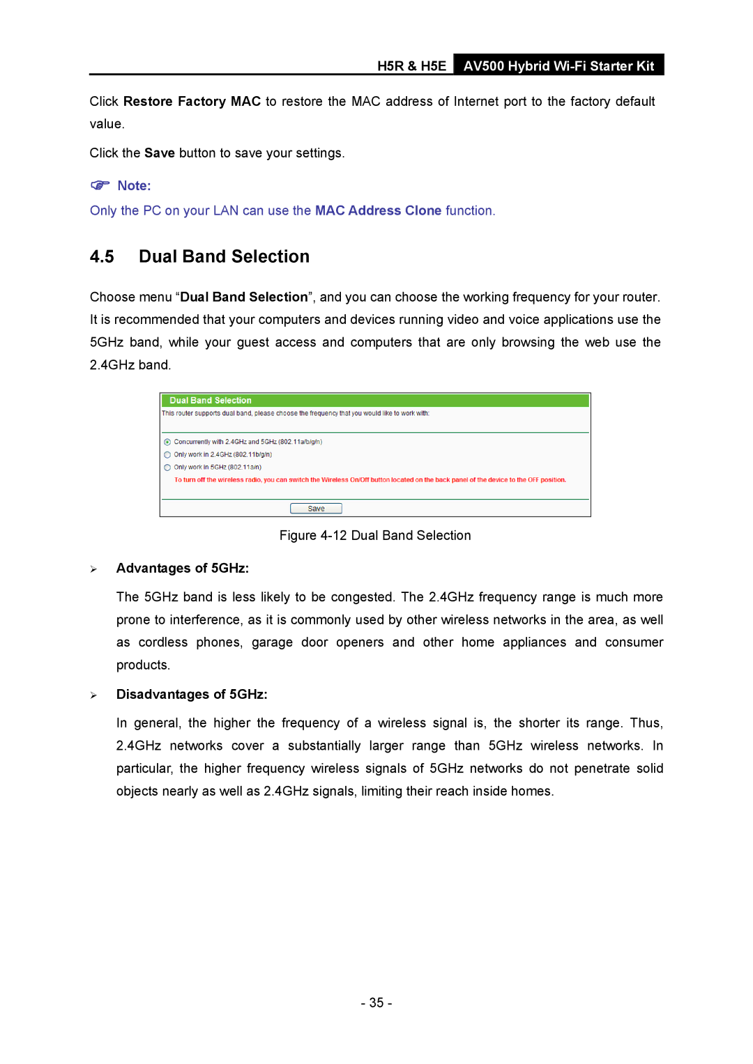TP-Link H5S, H5R manual Dual Band Selection, ¾ Advantages of 5GHz, ¾ Disadvantages of 5GHz 