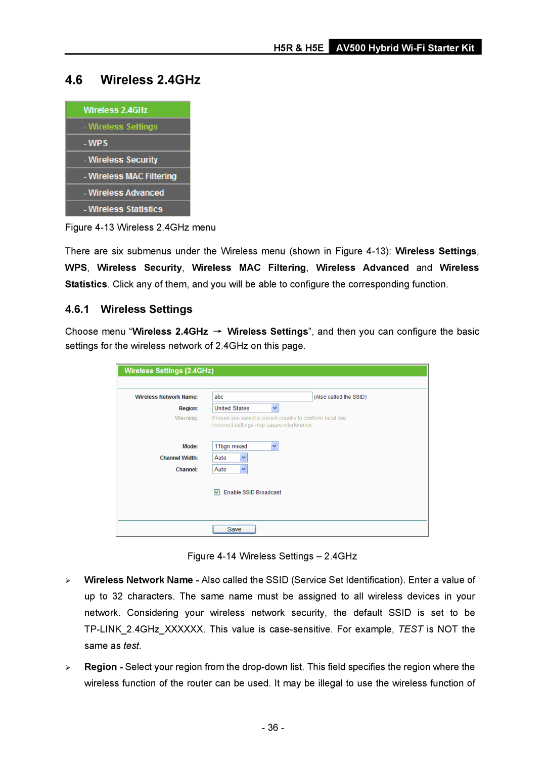 TP-Link H5R, H5S manual Wireless 2.4GHz, Wireless Settings 