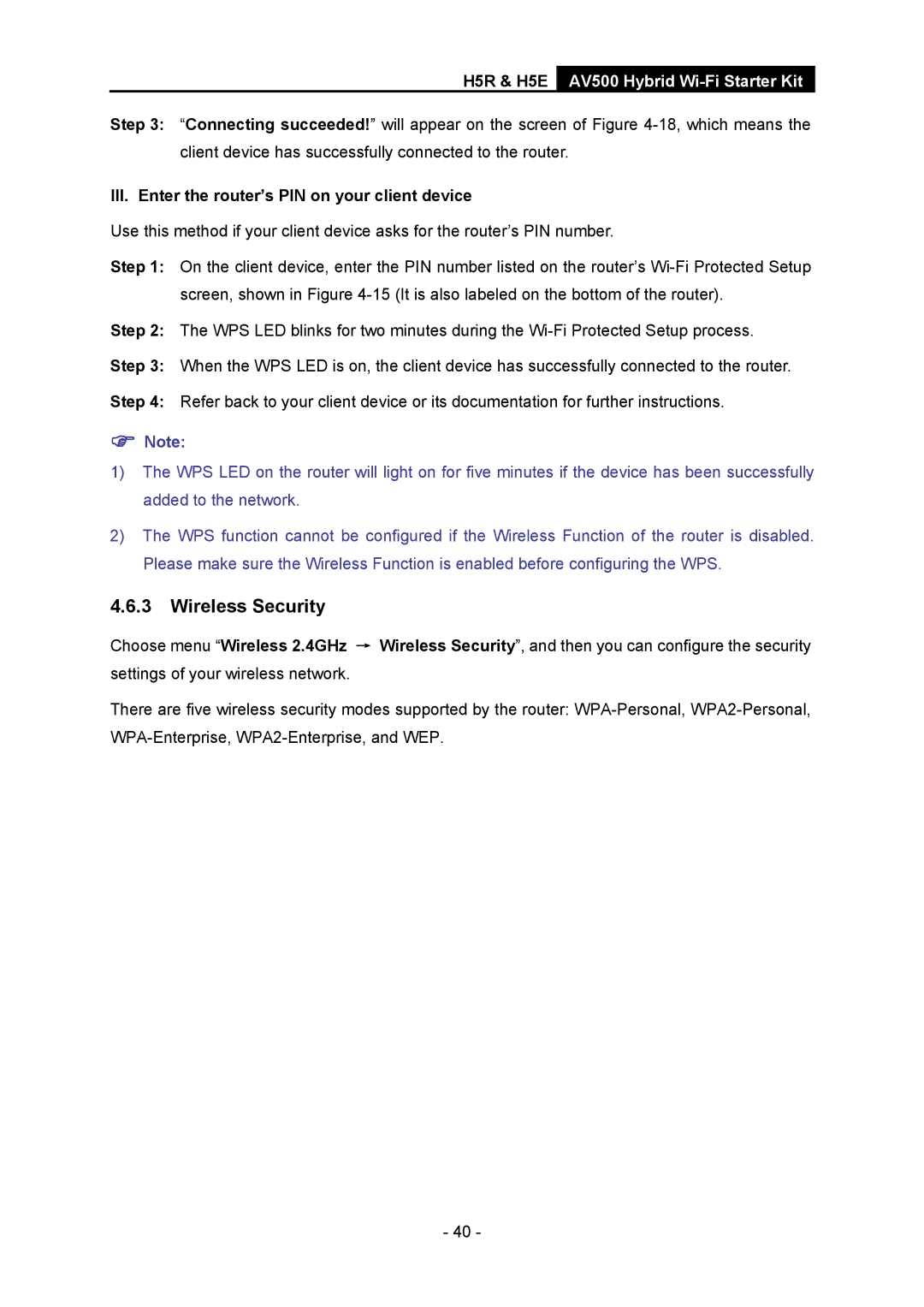 TP-Link H5R, H5S manual Wireless Security, III. Enter the router’s PIN on your client device 