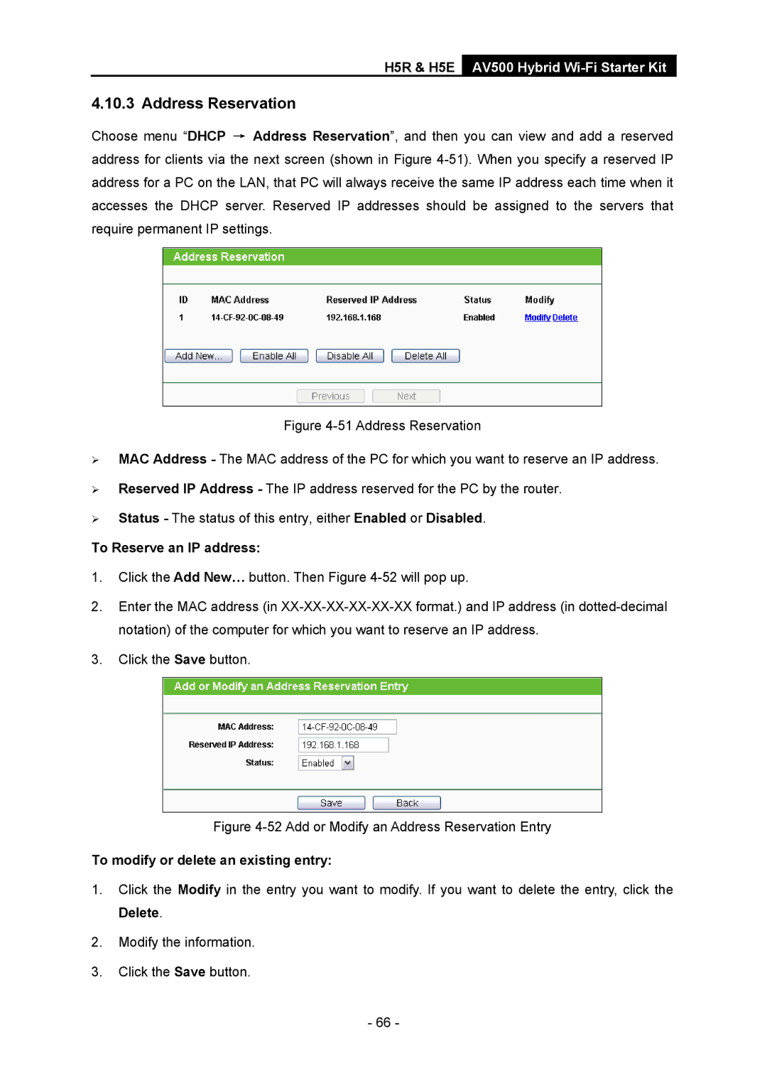 TP-Link H5R, H5S manual Address Reservation, To Reserve an IP address 