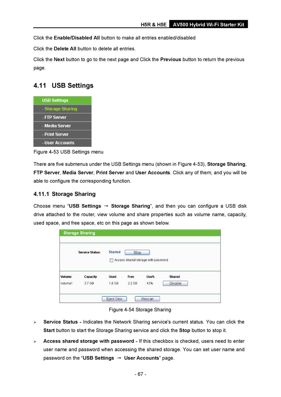 TP-Link H5S, H5R manual USB Settings, Storage Sharing 