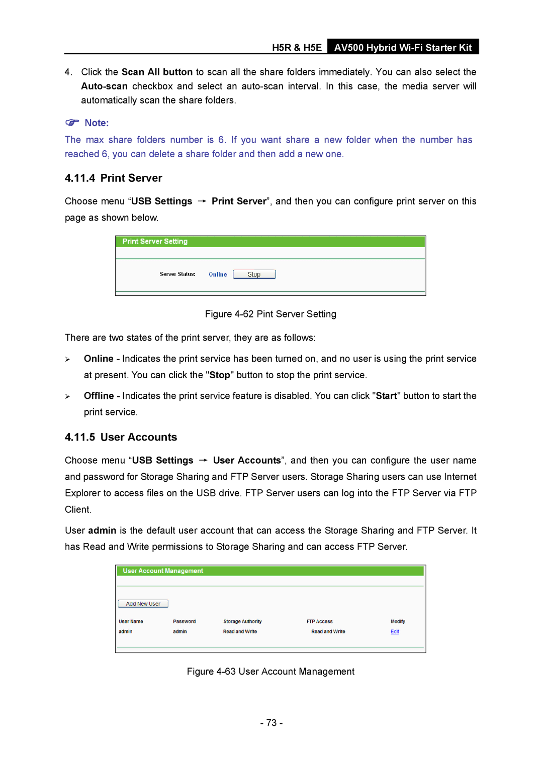 TP-Link H5S, H5R manual Print Server, User Accounts 