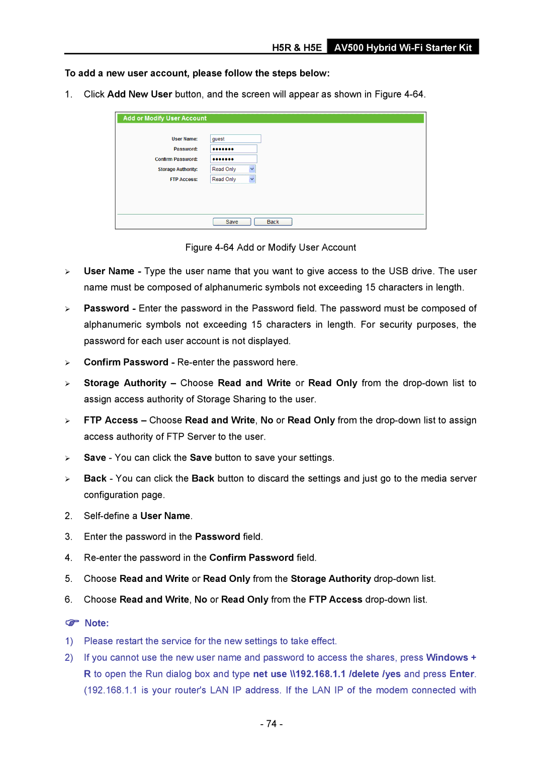 TP-Link H5S manual H5R & H5E, To add a new user account, please follow the steps below 