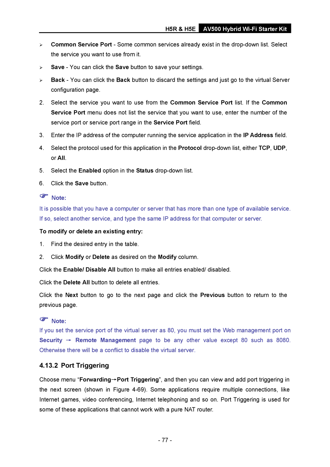 TP-Link H5S, H5R manual Port Triggering, To modify or delete an existing entry 