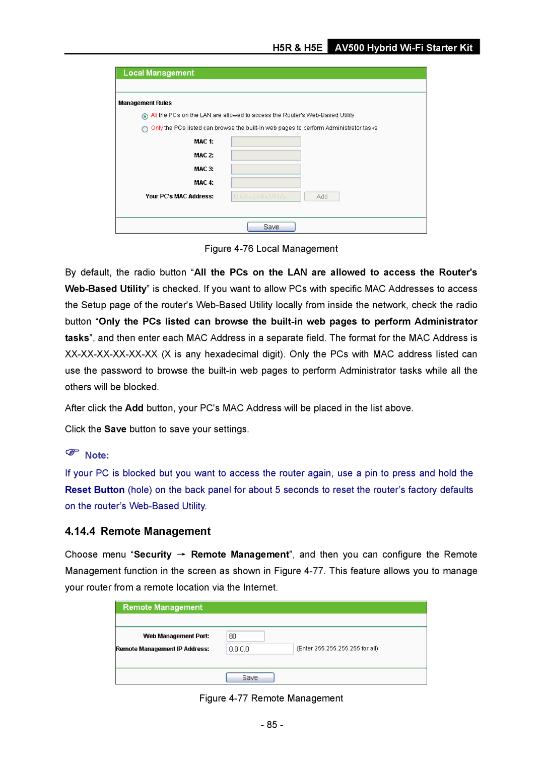 TP-Link H5S, H5R manual Remote Management, Local Management 