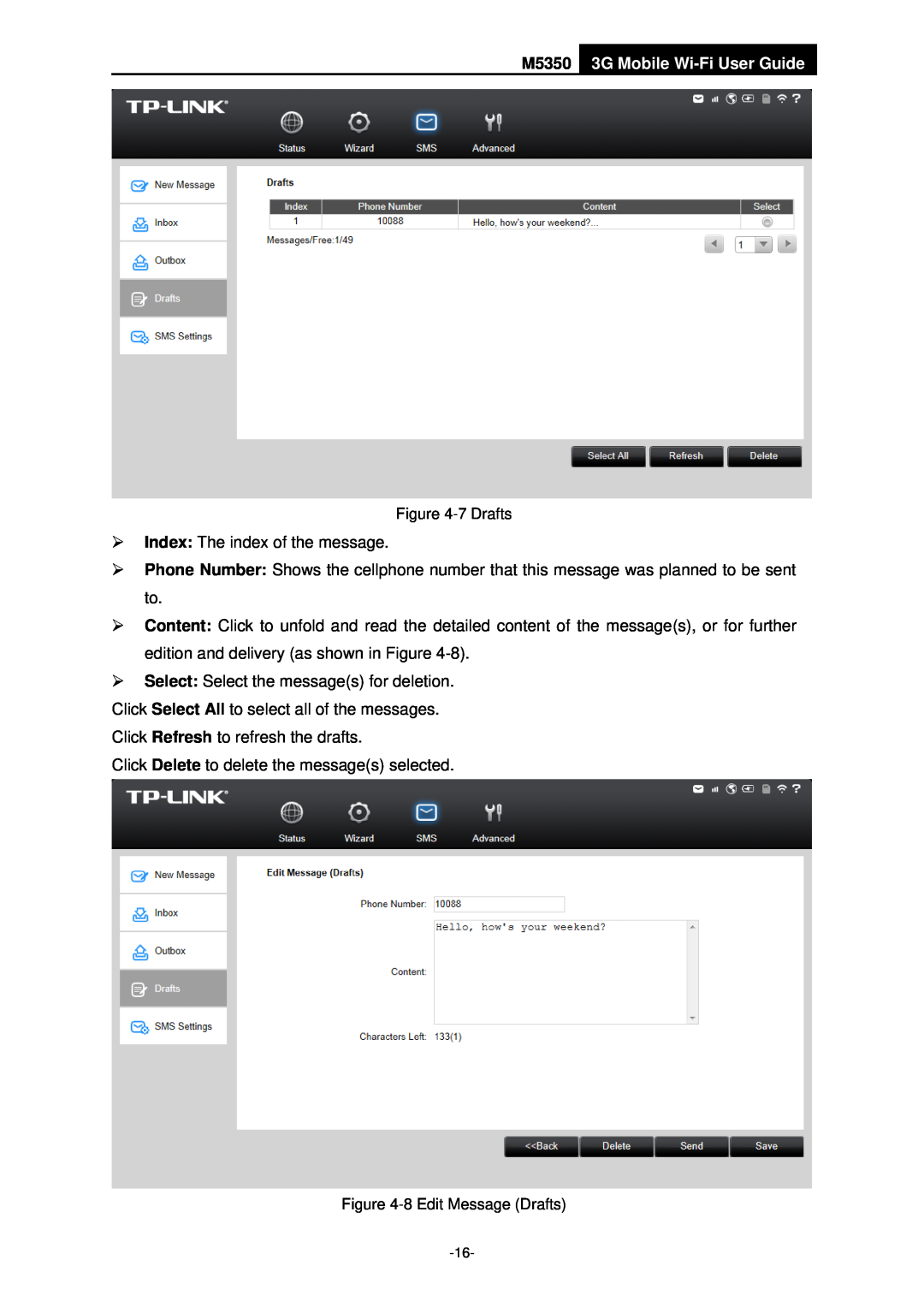 TP-Link manual M5350 3G Mobile Wi-Fi User Guide, 7 Drafts, 8 Edit Message Drafts 