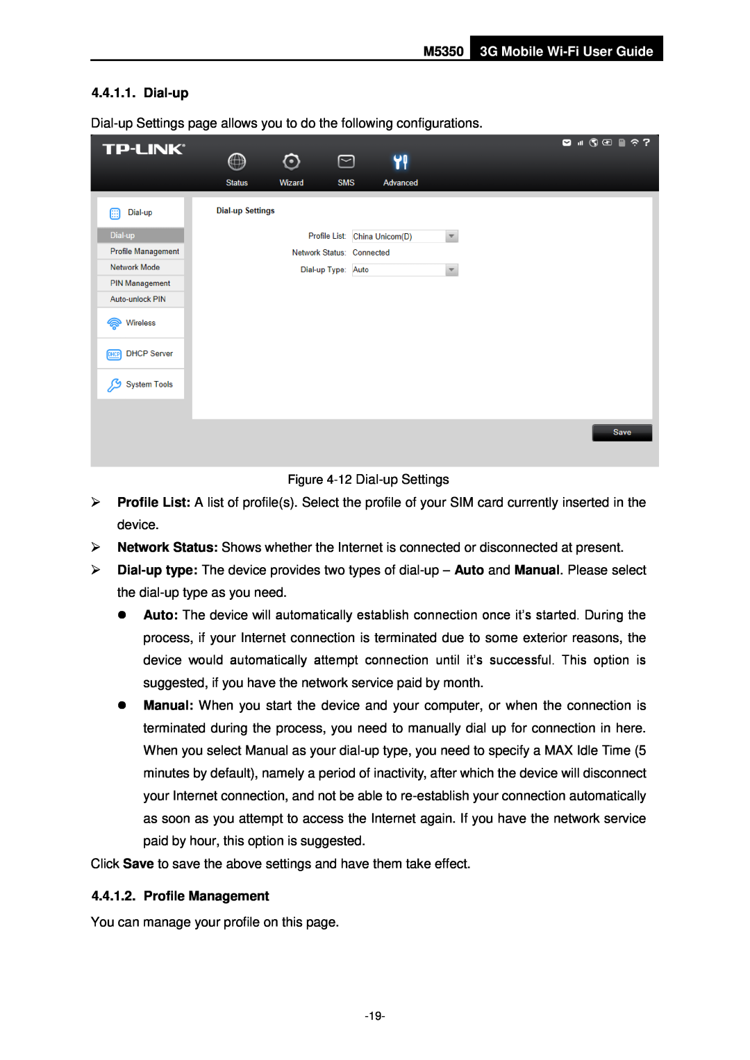 TP-Link manual M5350 3G Mobile Wi-Fi User Guide, Dial-up, Profile Management 