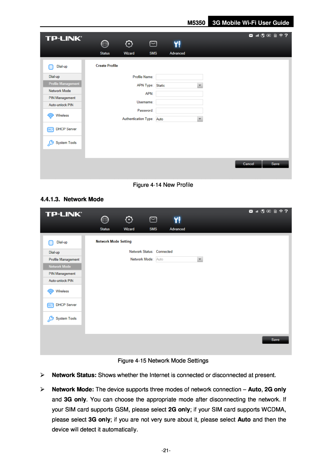 TP-Link manual M5350 3G Mobile Wi-Fi User Guide, Network Mode, 14 New Profile 
