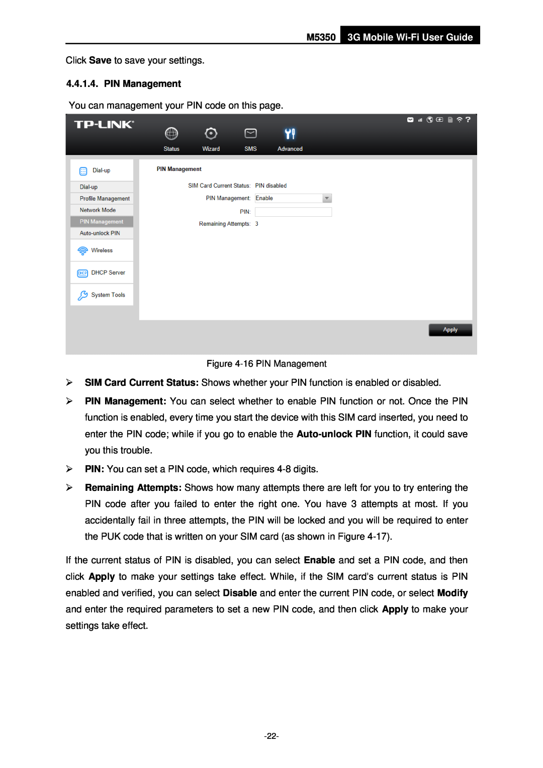 TP-Link manual M5350 3G Mobile Wi-Fi User Guide, PIN Management 