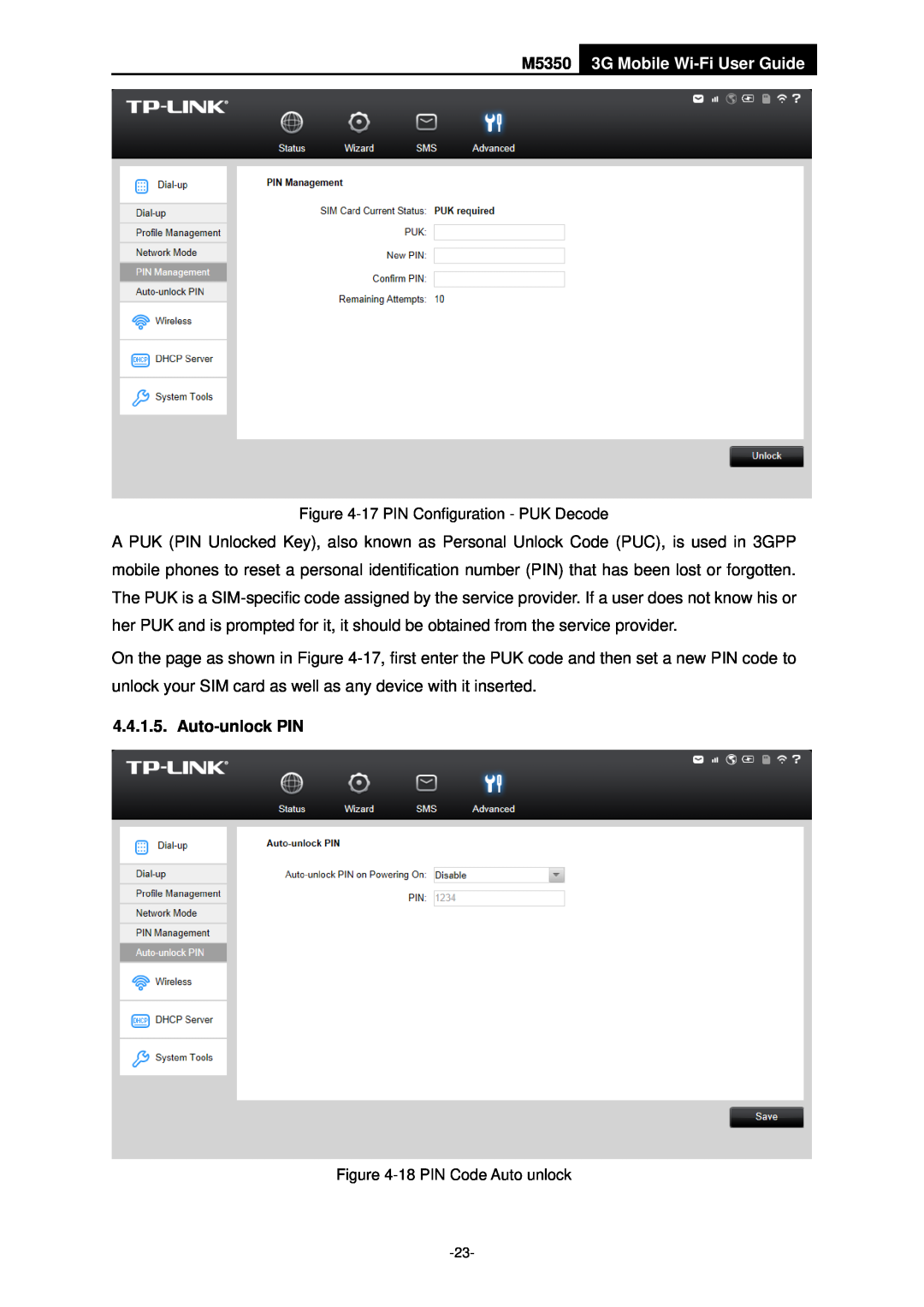 TP-Link M5350 3G Mobile Wi-Fi User Guide, Auto-unlock PIN, 17 PIN Configuration - PUK Decode, 18 PIN Code Auto unlock 