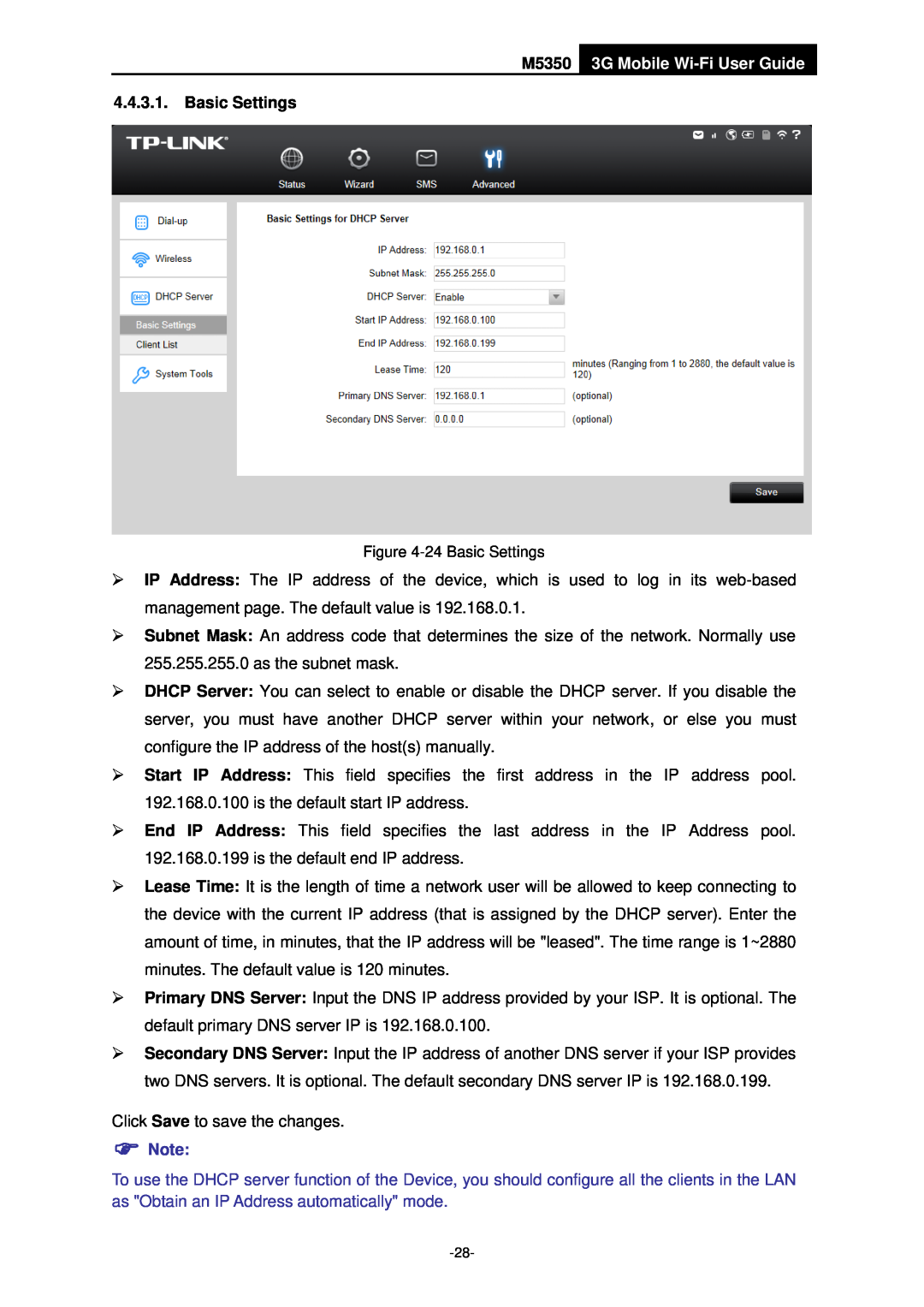 TP-Link manual M5350 3G Mobile Wi-Fi User Guide, Basic Settings,  Note 