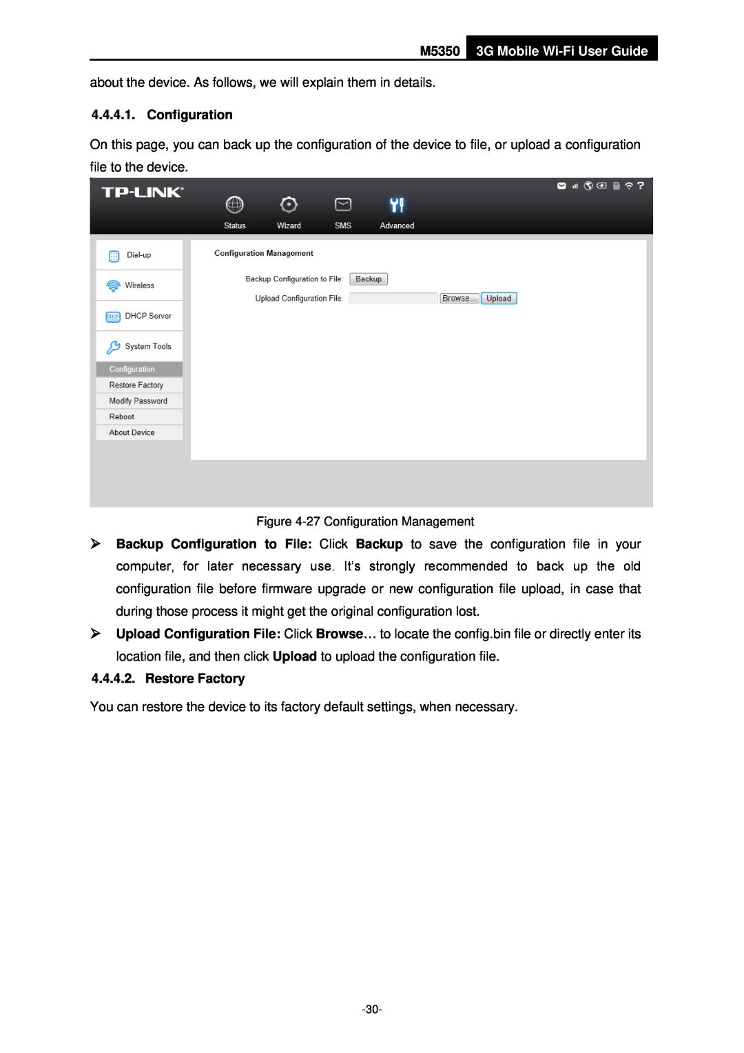 TP-Link manual M5350 3G Mobile Wi-Fi User Guide, Configuration, Restore Factory 