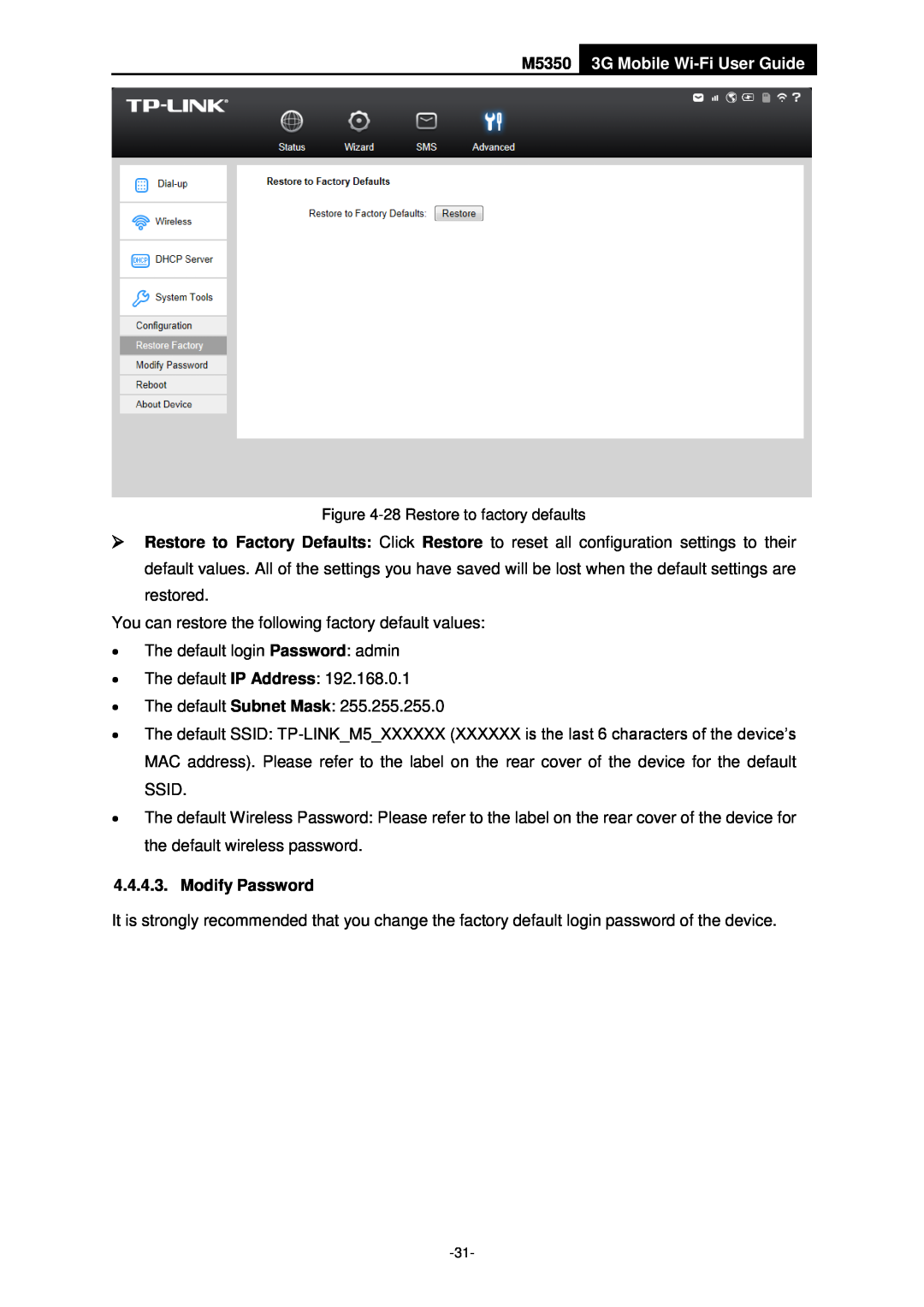 TP-Link manual M5350 3G Mobile Wi-Fi User Guide, Modify Password 