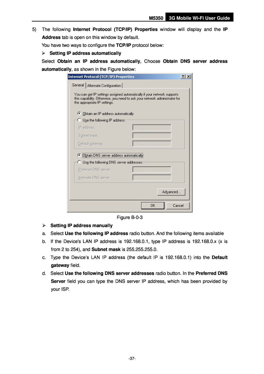 TP-Link M5350 3G Mobile Wi-Fi User Guide,  Setting IP address automatically,  Setting IP address manually 