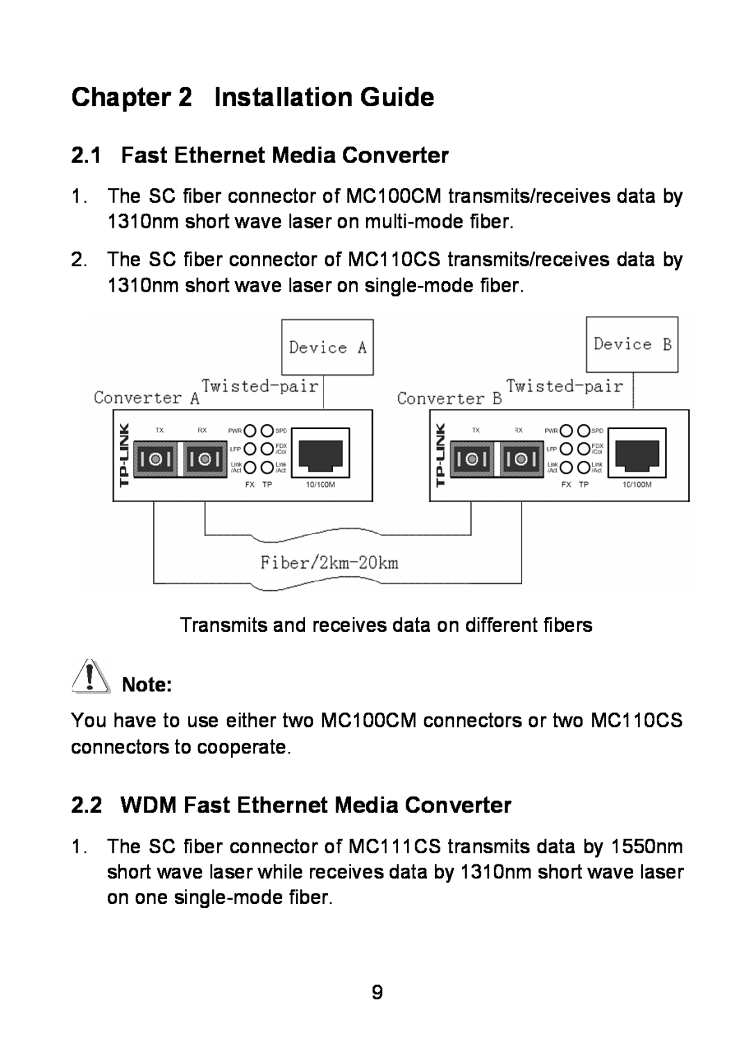 TP-Link MC111CS, MC112CS, MC100CM manual Installation Guide, WDM Fast Ethernet Media Converter 